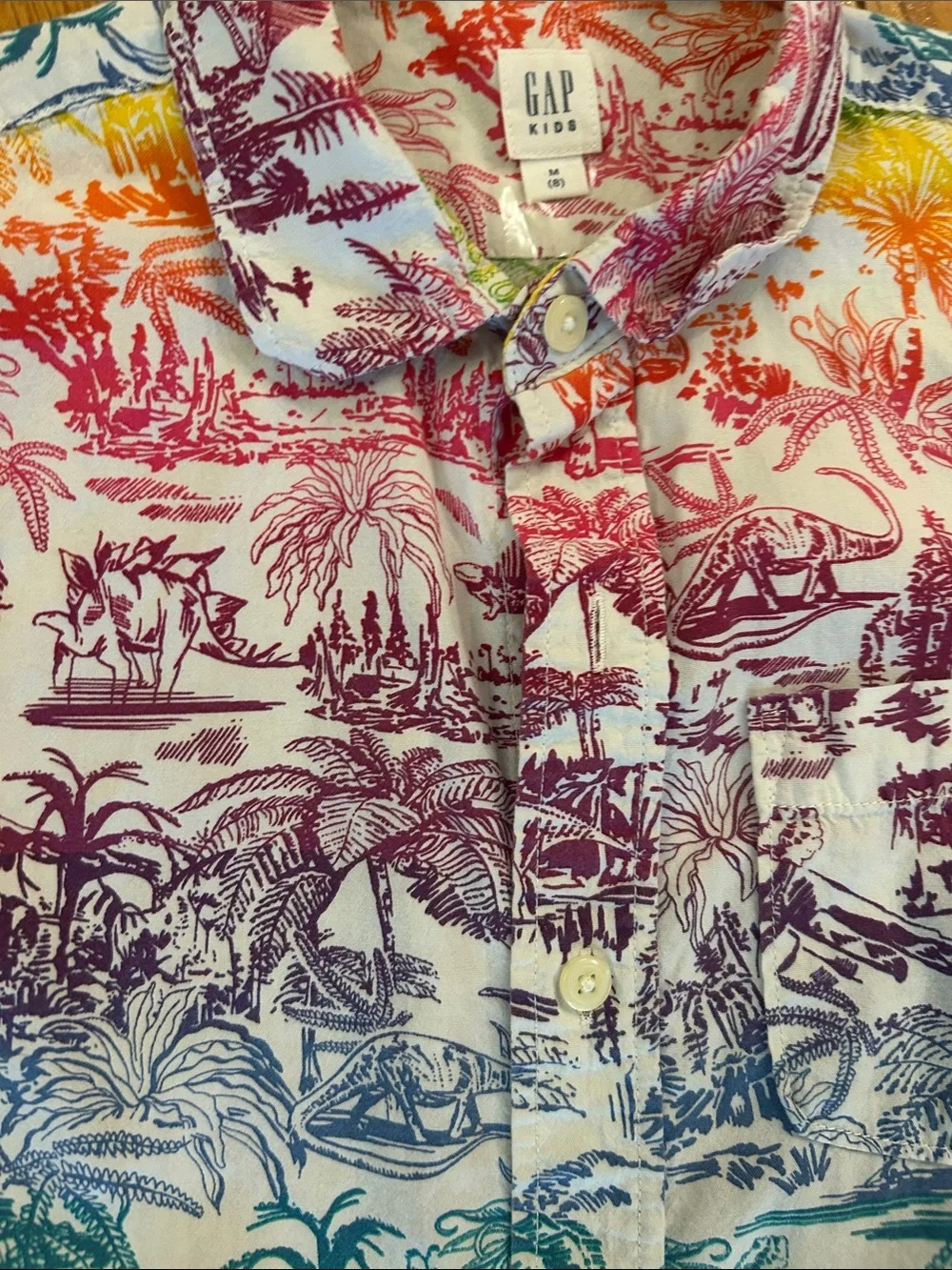GAP Short-Sleeve Rainbow Dinosaurs Tropical Button-Down Shirt -Boys 8(m)